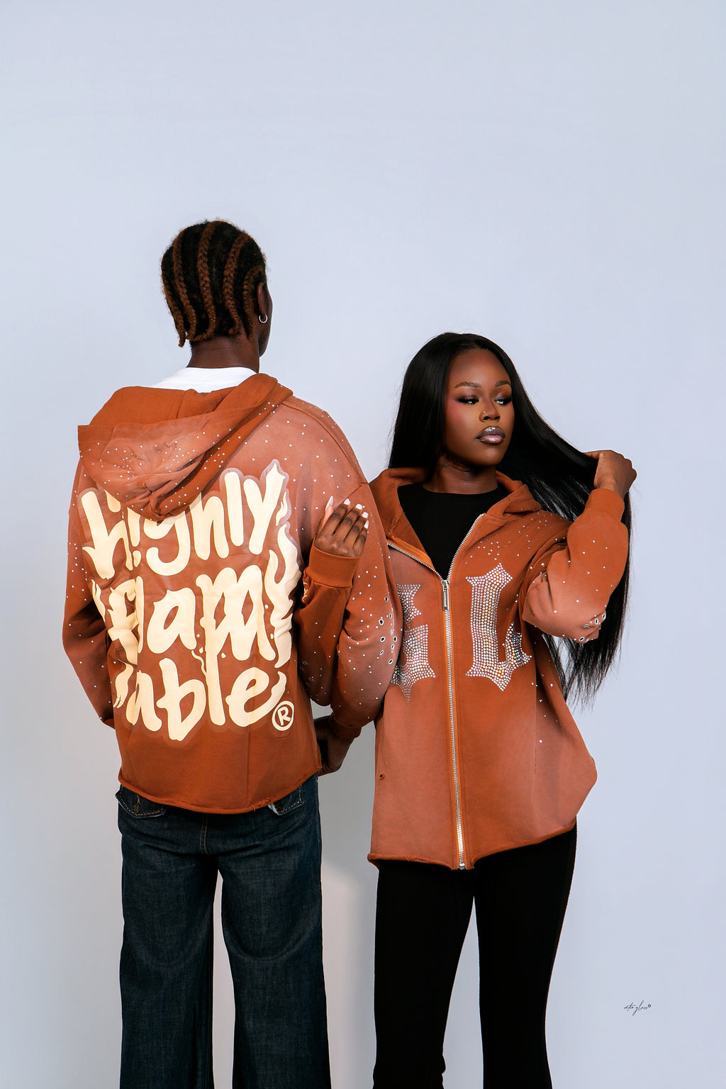 Highly Flammable Rhinestone Zip Hoodie – Burnt Brown