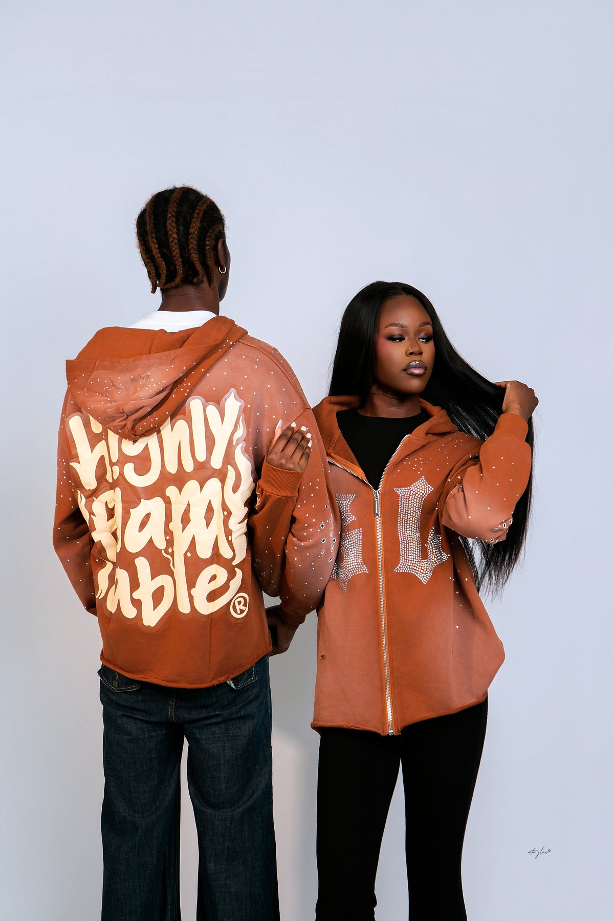 Highly Flammable Rhinestone Zip Hoodie – Burnt Brown